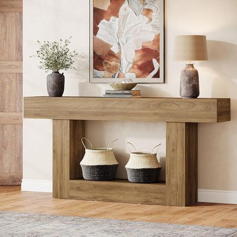160 cm Console Table with Open Storage Shelf, Natural Brown Hallway Table, Narrow Sofa Table for Entryway, Living Room and Corridor