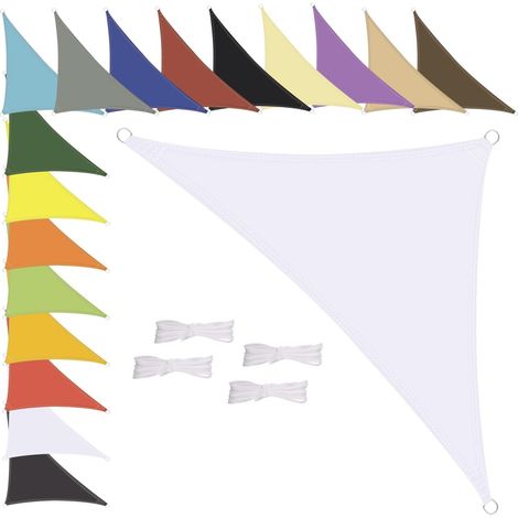 Voile d'ombrage triangulaire, imperméable, résistant aux intempéries, polyester de qualité supérieure, plusieurs longueurs et largeurs au choix, avec cordes de fixation, 1,6 x 1,6 x 1,6 m, blanc (1/5)