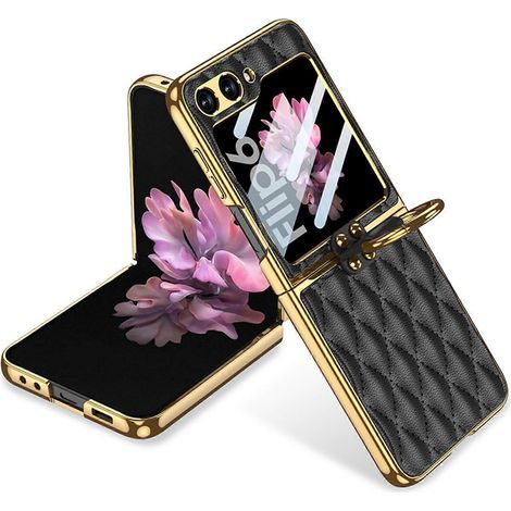 Z Flip 6 Case with Ring, Leather Case with Screen Protector, Luxury Rhomboid Leather Back Cover with Screen Protector Case for Galaxy Z Flip 6 (1/4)