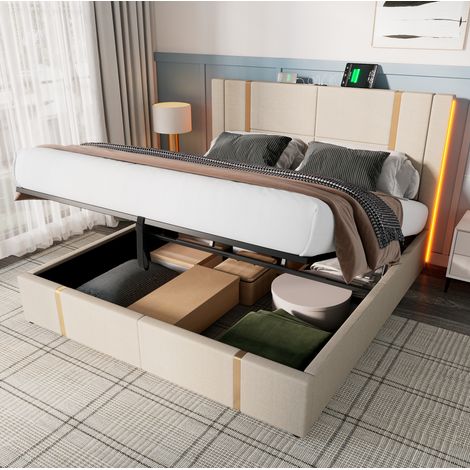 Polsterbett 180/200 cm beige aus Leinen mit LED-Beleuchtung, USB-C und Bettkasten (1/5)