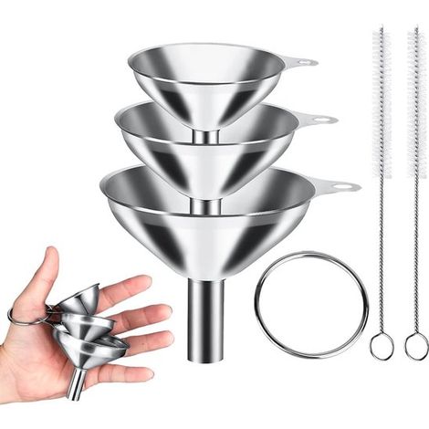 Set de 3 entonnoirs en acier inoxydable – Argent – 3 tailles (Ø7,5/5,5/4,5 cm) – Avec 2 brosses – Cuisine (1/5)