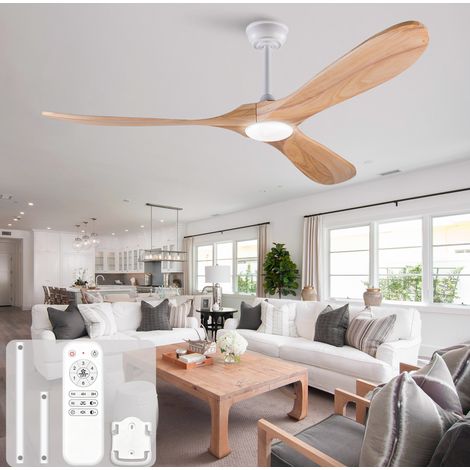 Ventilatore a soffitto con luce, 3 pale in legno massello, motore DC reversibile, bianco naturale (1/5)
