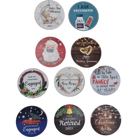 Lot de 10 décorations de Noël rondes en bois avec jolis motifs et cordon, idéales pour décorer le sapin. Cadeau idéal. (1/5)