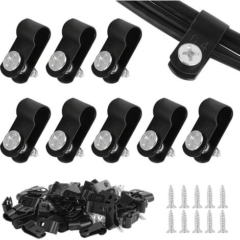 Lot de 100 serre-câbles en R noirs de 1,25 cm - En nylon - À visser - Avec 100 vis - Clips de câble à visser pour câble, tuyau (6,4 mm) (1/5)