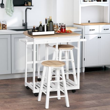 Table de Bar Pliable sur Roulettes avec Étagère et 2 Tiroirs, 2 Tabourets en Pin et MDF, Blanc Chêne Clair, Meuble Rangement pour Cuisine ou Salon (1/5)