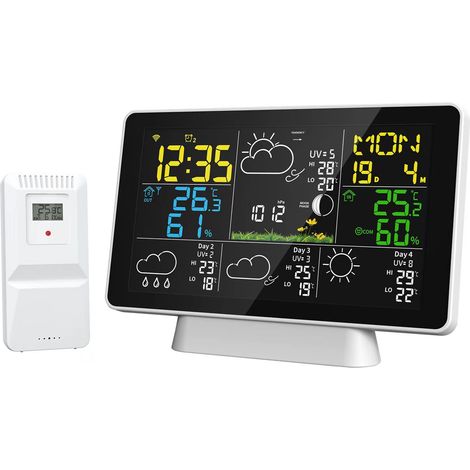Stazione meteorologica wireless Wi-Fi, igrometro per interni ed esterni, termometro, display di temperatura e umidità, previsioni digitali, orologio, allarme sensore e adattatore.