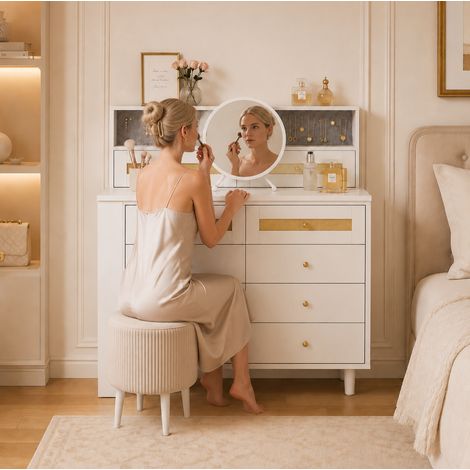 Schminktisch mit Schmuckschrank, 10 Schubladen, Glasplatte und Rattan-Dekor, Weiß (1/5)