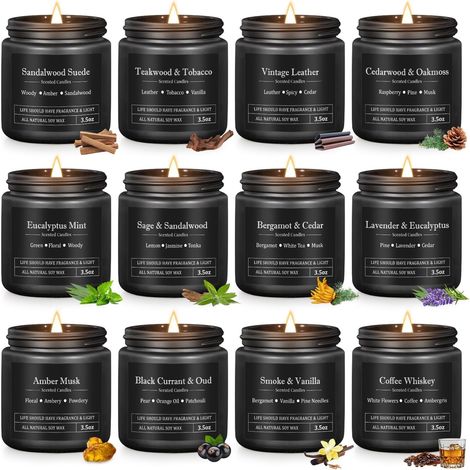 Bougies parfumées pour hommes, 12 Pièces Coffret Bougies en Cire de Soja, 1200g Bougies aromathérapie avec 300h de durée de combustion, Cadeaux parfait pour Père/Mari/Frère/Fils/la fête des pères (1/5)