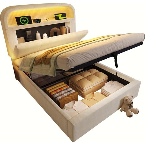Stauraumbett Einzelbett 90 x 200 cm aus Samt, LED, USB und Type-C, Matratze Inklusive, Beige (1/5)