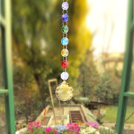 Suspension pour fenêtre artisanale en verre cristal K9 arc-en-ciel boule prisme pour lustre déco Noël jaune 19,5 cm 1 pièce (1/4)