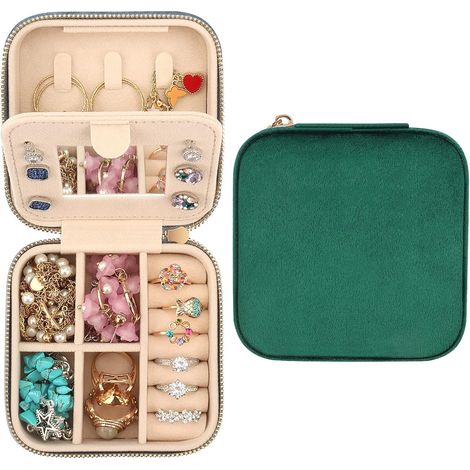 Boîte à bijoux de voyage en velours avec miroir, vert foncé (1/5)