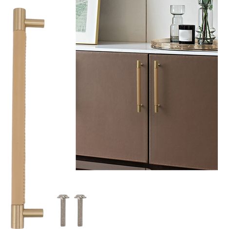Tirador de cocina de cuero y cobre dorado, barra de tirador iluminada con separación entre tiradores de 224 mm, lujoso diseño escandinavo para puertas/armarios, dimensiones 25,7 x 3,7 x 1,5 cm (1/5)