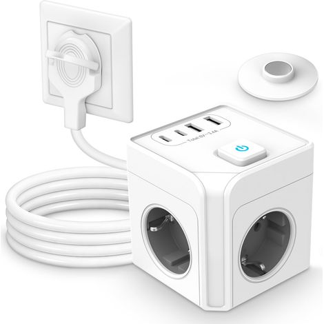 Cube multiprise USB C - Multiprise 3 prises - Fiche plate - Cube avec 2 USB-C et 2 USB-A - Bloc de prise magnétique avec interrupteur et câble de 2 m - Blanc (1/5)