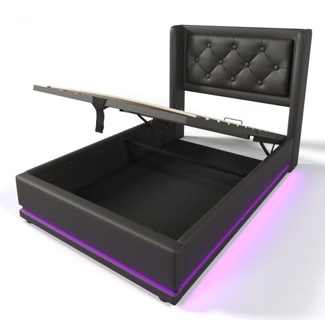 Bett mit Bettkasten 90 x 200 cm aus schwarzem PU, gepolstertem Kopfteil, USB-C und LED (1/5)