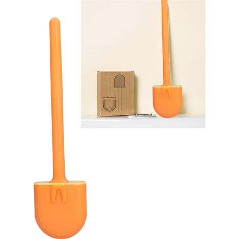 Wandmontierte Toilettenbürste mit rundem, abflussfähigem Sockel, ohne tote Winkel, abnehmbarem Bürstenkopf und leuchtend orangefarbenem Griff. (1/5)
