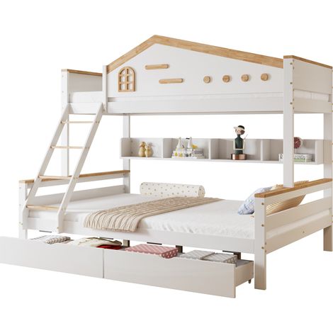 Lit superposé enfant bois massif + MDF blanc/naturel 90x200 & 140x200 cm, avec tiroirs, étagères et échelle (1/5)