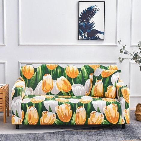 Extendable 2-Seater Sofa Cover with Armrests, Tulip Pattern, Yellow and Green [SFT172]