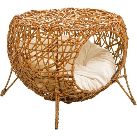 Panier pour chat en rotin avec coussin épais Ø 40 x 32 cm, lit douillet marron clair pour un confort optimal de votre félin. (1/5)