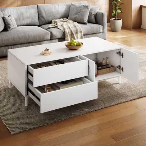 Mesa de centro rectangular con almacenaje, 2 cajones, 2 puertas, 100 x 50 x 39,5 cm OKMYHOME (1/5)