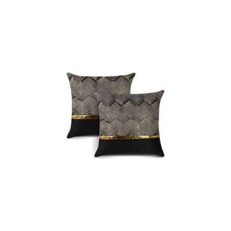 Lot de 2 45x45cm (Noir) Housse de Coussin pour Lit Canapé Canapé Décor De Voiture Luxe Moderne Minimaliste Or Cuir Couture Rayures Ondulées Taie D’oreiller Carré Housse De Coussin Housses (1/5)