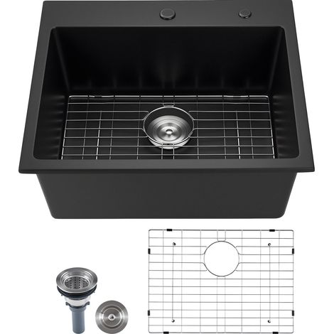 Évier de Cuisine Moderne en Granit de 63,5 cm, Évier à Poser à Large Cuve Simple, Bac à Laver Encastrable avec Accessoires Multiples, Nettoyage Facile, pour Camping-car, Maison, Bar, Noir (1/5)