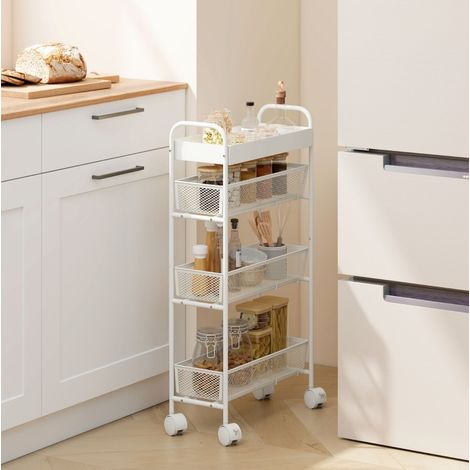 Carrito auxiliar de cocina 43.2x19x80 cm blanco de metal con 3 cestas extraíbles, bandeja superior y 4 ruedas (1/5)