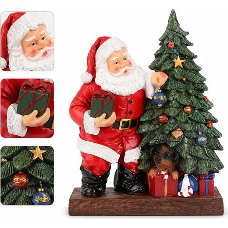 Statuette Pere Noel avec Sapin et Cadeaux en Resine Rouge 8.5 x 30 cm Figurine Decoration de Noel pour Interieur (1/5)