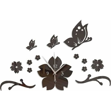 (Noir) Sans Cadre Horloge Murale, Creative Horloge murale, 3D Sticker Mural, Stickers Muraux DIY, Papillon Miroir Stickers, Décoration Miroir Acrylique, Décoration Mode (1/5)