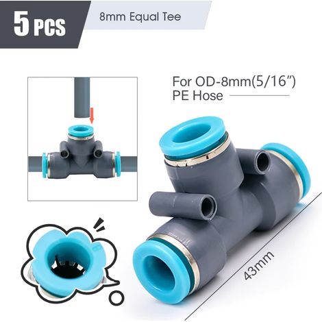 (5 pièces en T de 8 mm de diamètre intérieur) Raccord rapide pour tuyau d'arrosage OD-8 mm, raccords pour tube PE 5/16" pour tuyau de 5/8 mm, système d'irrigation de jardin, joint en T, coude, bouchon (1/5)