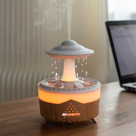 Humidificateur nuage et goutte de pluie avec lumières sept couleurs, télécommande, minuterie, diffuseur d'arômes, diffuseur de parfum champignon de pluie et nuage de pluie, 100-240V, grain de bois, no (1/5)
