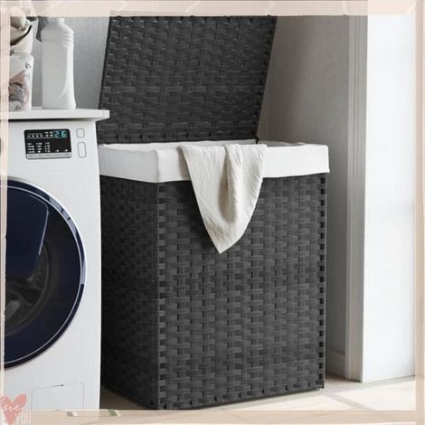 372031 Panier à linge avec couvercle gris 46x33x60 cm résine tressée (1/5)