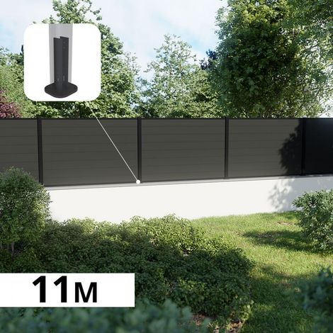 Kit Clôture Composite sur Muret RIO Anthracite 11x1,2m - Bois composite & Aluminium - Poteaux sur Platines Noir - Brise vue (1/5)