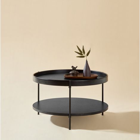 Tavolino rotondo 69x69x38 cm in legno e metallo nero, 2 livelli, facile da montare FloraGrace (1/5)