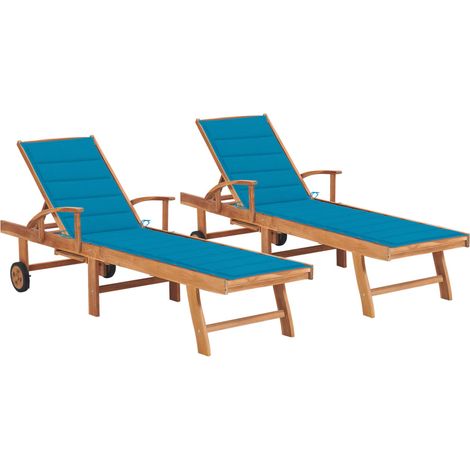 Set di 2 sedie a sdraio lettino prendisole mobili da giardino terrazza mobili da esterno con cuscino blu in legno massello di teak 020012027