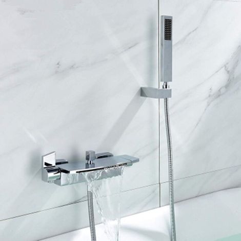 Mitigeur de baignoire cascade mural – Finition métal polie – Douchette intégrée – Arrivée d'eau G1/2 – Espacement réglable 13,5-17 cm (1/5)
