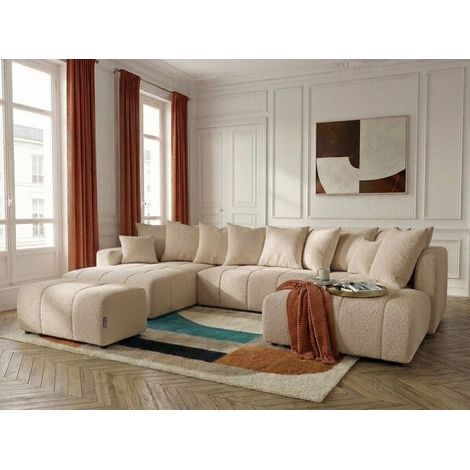 BOBOCHIC - Canapé panoramique convertible ROXELANE tissu bouclette avec pouf Angle gauche  Beige (1/4)