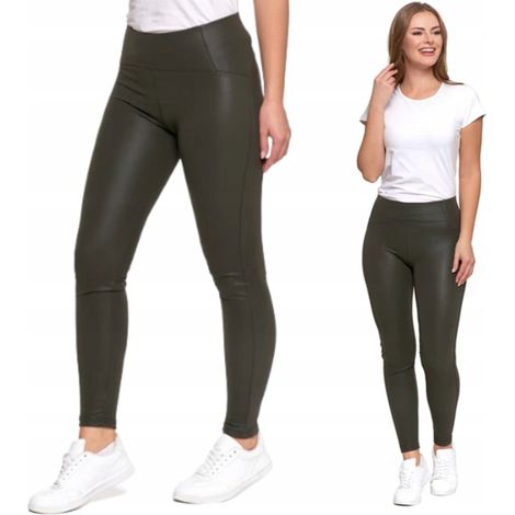Leggings de mujer imitación cuero con cintura alta, modernos y elegantes, Moraj M Khaki (1/5)