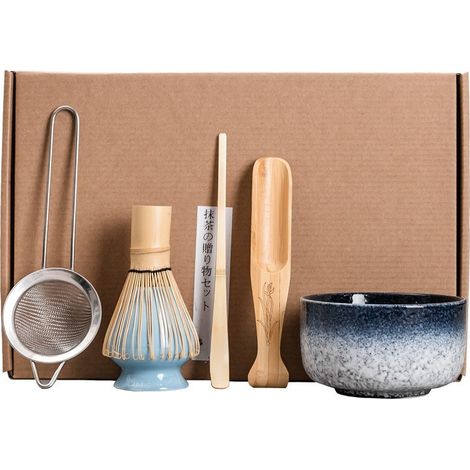 Ensemble Matcha Kiln Blue, kit de cérémonie japonaise, bols bleus artisanaux, fouet en bambou inclus (1/5)