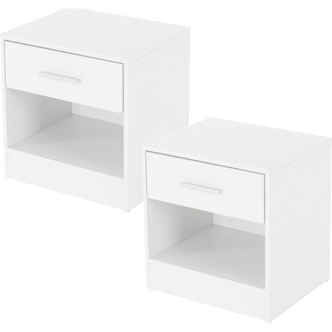 ML-Design Set de 2 Mesitas de Noche con un Cajón y Compartimento Abierto Mesas Auxiliares Blancas 36,5 x 38,5 x 30 cm Madera Mango de Aluminio Taquillas Organizadoras Adecuadas para Dormitorios