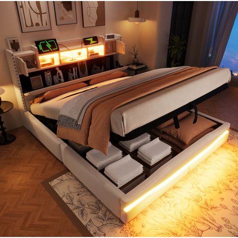 Lit coffre 160x200 avec LED et USB lin beige HAVRYA (1/5)
