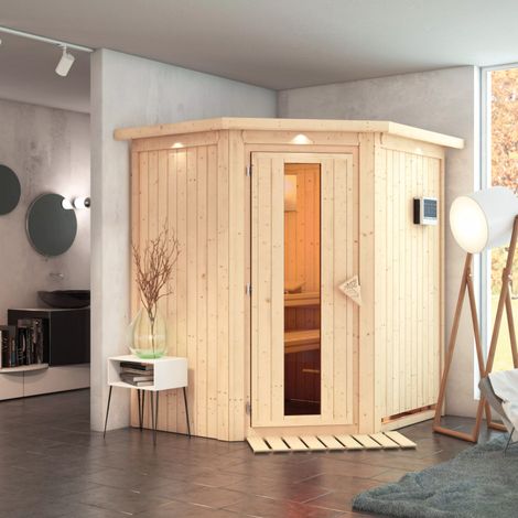 Sauna d'Angle 2-3 Places Bois Massif 68mm Poêle 9kW Lumière Karibu Taurin (1/5)