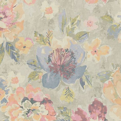Papel pintado floral Profhome 396072 papel pintado vinílico estampado en caliente tejido non tejido ligeramente texturado de estilo acuarela mate gris fucsia azul amarillo 5,33 m2