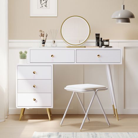 Coiffeuse avec miroir et éclairage LED - 2 tiroirs et une armoire amovible - Blanc (tabouret non inclus) (1/5)