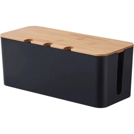 Organizador de cables, Gestión de cables, Soporte y funda para cables de TV, ordenador y concentrador USB, Tapa de bambú, Negro, Tamaño grande (1/5)