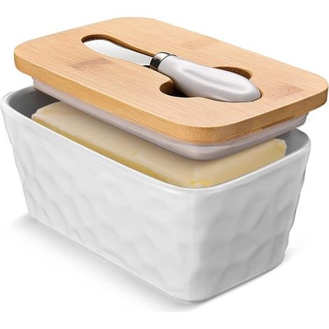 Mantequera con tapa, mantequera grande de encimera, mantequera de cerámica con cuchillo, doble junta de silicona, decoración del hogar blanca (1/5)