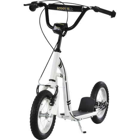 Trottinette enfant 12 pouces roues pneumatiques caoutchouc tout terrain double roues réglable charge 100 kg 5-12 ans blanc