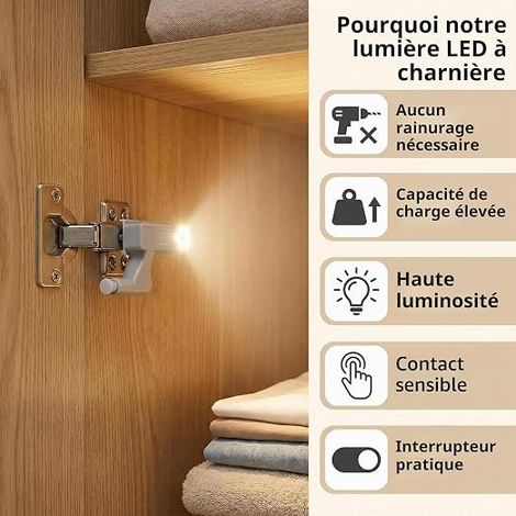 Set d’éclairage pour charnière de placard LED avec 10 lampes à capteur, sans fil, 12 V, cuisine, chambre, armoires et autres meubles (1/4)