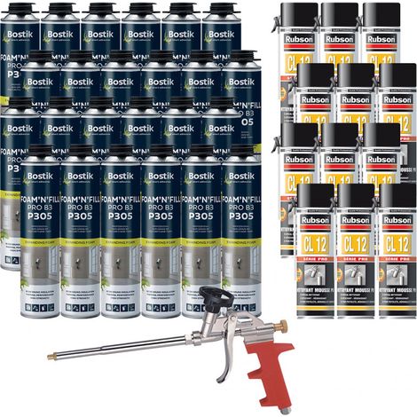 Bostik – Pack de 24 mousses polyuréthane expansives pistolables 750ml – Excellente isolation phonique et thermique – Pour remplissage de cavités et joints (1/4)