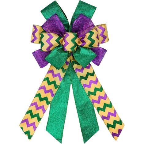 Bow - Mardi Gras Decoration - Nylon Ribbon Bow For Front Door Wall Tree Topper - 53 X 29 Cm - Multicolor - 1 Piece (1/5)