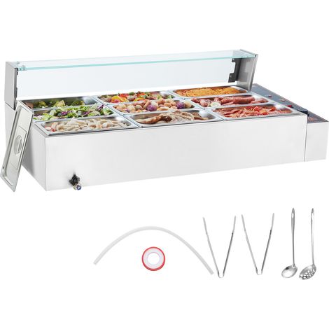 VEVOR Scaldavivande Commerciale con 9 Recipienti (5,5 L / 1/3 Dimensioni Ciascuno) Tavolo a Vapore Elettrico con Copertura in Vetro 1500 W Scaldavivande da Tavolo, Controllo della Temperatura 30-85 °C (1/5)